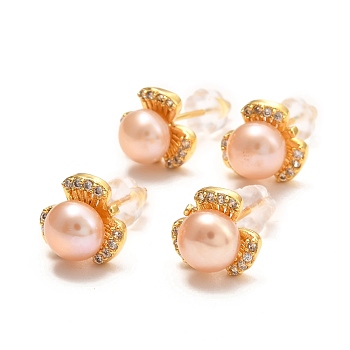 Brass Micro Pave Cubic Zirconia Dangle Earrings, with Natural Pearl, Flower, Real 18K Gold Plated, 9x9mm, Pin: 0.8mm