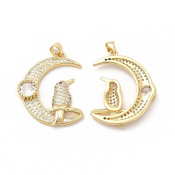 Rack Plating Brass Cubic Zirconia Pendants, Cadmium Free & Lead Free, Real 18K Gold Plated, Long-Lasting Plated, Crescent Moon with Bird Charm, Clear, 31x24x4.5mm, Hole: 3.5x4.5mm