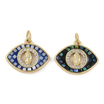 Rack Plating Brass Micro Pave Clear Cubic Zirconia Pendants, with Enamel Shell, Long-Lasting Plated, Lead Free & Cadmium Free, Real 18K Gold Plated, Eye with Virgin Mary Pattern, Mixed Color, 15x18.5x2.5mm, Hole: 3mm