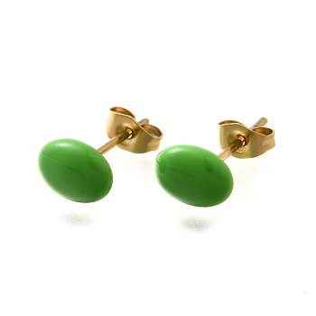 304 Stainless Steel Stud Earrings, Bean, Real 18K Gold Plated, Green, 8x6mm