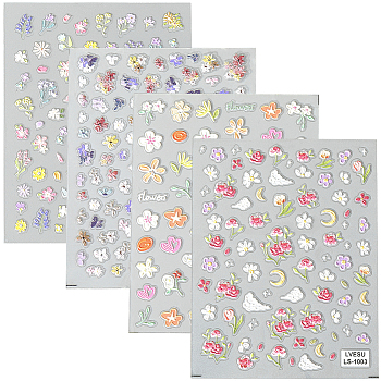 4Pcs 4 Styles Flower Pattern Self Adhesive PET Nail Art Stickers Decals, For Nail Tips Decorations, Mixed Color, 9x7x0.03cm, Sticker: 3.5~15.5x3~14mm, 1pc/style