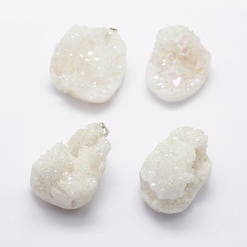 Electroplated Natural Druzy Crystal Pendants, with Real Platinum Plated Brass Finding, Nuggets, AB Color Plated, 35.5~42x22~33x10~25mm, Hole: 3.5x6mm