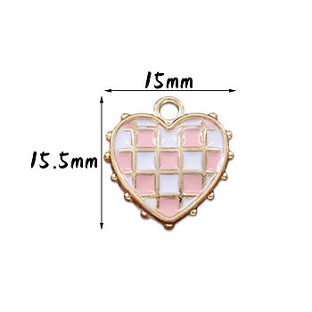 Valentine's Day Theme, Alloy Enamel Pendants, Golden, Heart with Tartan Pattern, Pink, 15.5x15mm
