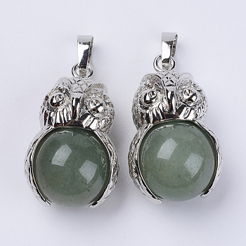 Natural Green Aventurine Pendants, with Platinum Tone Brass Findings, Owl with Round Ball, 31x18.5x16mm, Hole: 5x8mm