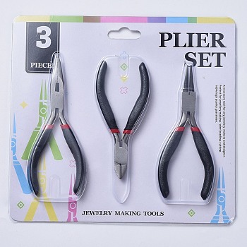 45# Carbon Steel DIY Jewelry Tool Sets Includes Round Nose Pliers, Wire Cutter Pliers and Side Cutting Pliers for Jewelry Beading Repair Making Supplies, Black, 315x70x10mm, 3pcs/set