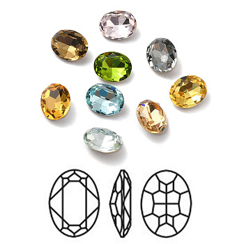 Faceted K9 Glass Rhinestone Cabochons, Pointed Back & Back Plated, Oval, Mixed Color, 14x10x5mm