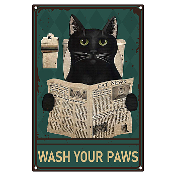 Iron Sign Posters, for Home Wall Decoration, Rectangle with Word Wash Your Paws, Cat Pattern, 300x200x0.5mm