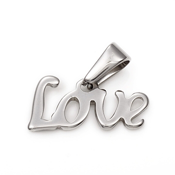 304 Stainless Steel Pendants, Word Love, Stainless Steel Color, 9.5x18.5x1.5mm, Hole: 3.5x7mm