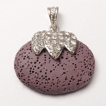 Platinum Plated Alloy Synthetic Lava Rock Oval Pendants, with Crystal Rhinestones, Dyed, Medium Purple, 36x41x14mm, Hole: 7x4mm