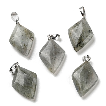 Natural Labradorite  Pendants, with Platinum Tone Brass Findings, Rhombus Charm, 28~29x17~18x5.5~6mm, Hole: 4x7mm