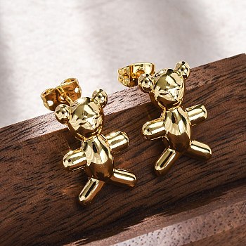 Brass Stud Earrings, Lead Free & Cadmium Free, Long-Lasting Plated, Rack Plating, Bear, Real 18K Gold Plated, 18x12mm