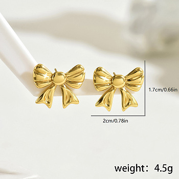 Stainless Steel Bowknot Stud Earrings for Women, Versatile and Elegant, Golden, 17x20mm