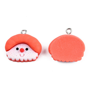 Christmas Opaque Resin Pendants, with Platinum Plated Iron Loops, Santa Claus Charm, Orange Red, 21~22x22.5~23x7.5mm, Hole: 2mm