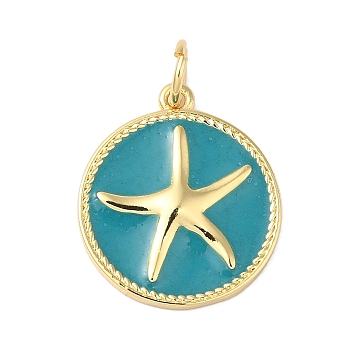 Rack Plating Brass Enamel Pendants, with Jump Ring, Long-Lasting Plated, Lead Free & Cadmium Free, Real 18K Gold Plated, Flat Round with Starfish Charm, Teal, 17.5x15x1.5mm, Hole: 3mm