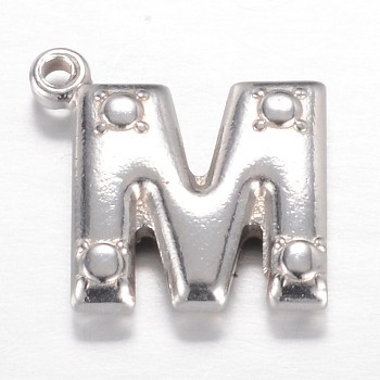 201 Stainless Steel Charms, Letter M, Stainless Steel Color, 15x15.2x3.2mm, Hole: 1.2mm