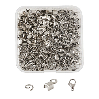 304 Stainless Steel Jewelry Findings Sets, with Fold Over Crimp Cord Ends, Lobster Claw Clasps and Jump Rings, Stainless Steel Color, 64x63x20mm, 250pcs/box