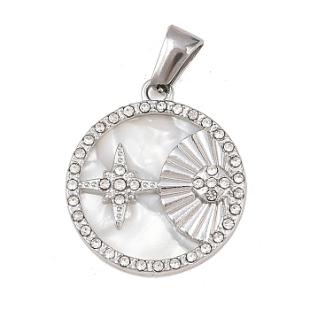 303 Stainless Steel Pendants, Flat Round with Star Charms, with Rhinestone & Enamel, Stainless Steel Color, 22.5x19.5x3mm, Hole: 5.4x2.4mm