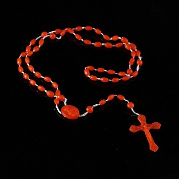 Luminous Plastic Rosary Bead Necklace, Glow in the Dark Cross Pendant Necklace for Women, FireBrick, 21.65 inch(55cm)