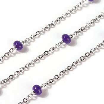 3.28 Feet 304 Stainless Steel Handmade Beaded Chains, with Glass, Soldered, Stainless Steel Color, Purple, 7~7.5x4~5mm