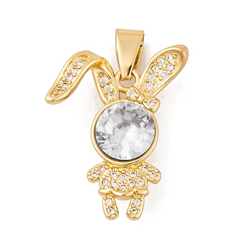 Brass Micro Pave Cubic Zirconia Pendants, with Glass, Real 18K Gold Plated, Rabbit Charms, Clear, 23.5x18.5x7mm, Hole: 6.5x3.5mm