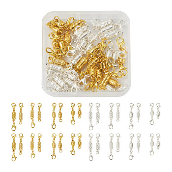 32 Sets 16 Styles Brass Magnetic Clasps, with Lobster Claw Clasps, Column, Golden & Silver, 25~42x5.5~6mm, 2 sets/style