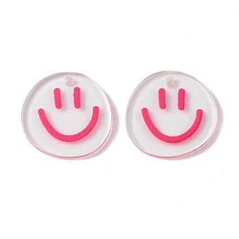 Transparent Printed Acrylic Pendants, Flat Round with Smiling Face Charm, Fuchsia, 20.5~21x20~21x2mm, Hole: 1.6mm