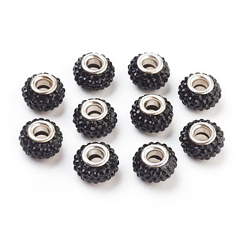 Grade A Rhinestone European Beads, Large Hole Beads, Resin, with Silver Color Plated Brass Core, Rondelle, Jet, 12x8mm, Hole: 4mm