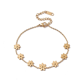 316 Stainless Steel Flowers Link Bracelet with Cable Chains for Women, Golden, 7-1/2 inch(19cm)