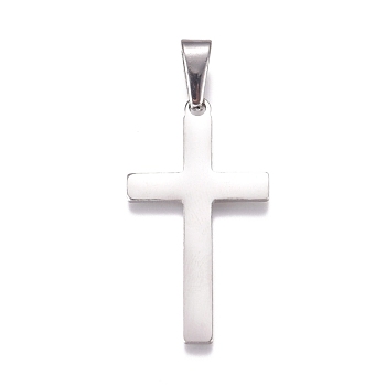 304 Stainless Steel Pendants, Cross, Stainless Steel Color, 39~42x22~23x1.5mm, Hole: 10x4.5mm