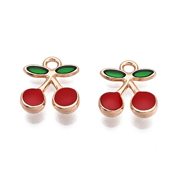 Alloy Enamel Pendants, Lead Free & Cadmium Free, Cherry Charm, Golden, FireBrick, 11.5x10x3.5mm, Hole: 1.6mm