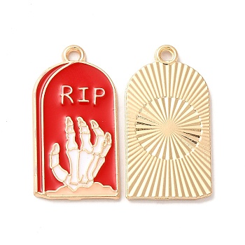 Light Gold Plated Alloy Enamel Pendants, Cadmium Free & Nickel Free & Lead Free, Tombstone with Skeleton Hand Charm, Red, 27x14x1.3mm, Hole: 1.8mm