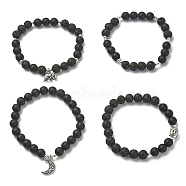 4Pcs 4 Style Natural Lava Rock & Black Agate & Hematite Beaded Stretch Bracelets Set, Elephant & Moon & Buddhist Alloy Bracelets, Inner Diameter: 2-1/8 inch(5.4cm), 1Pc/style(BJEW-JB09508)