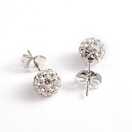 Polymer Clay Rhinestone Ball Stud Earrings, with Steel Pins, Crystal, 8~9mm, Pin: 0.8mm(EJEW-O041-02H)