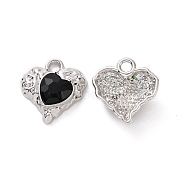 Rack Plating Alloy Glass Pendants, Cadmium Free & Lead Free & Nickle Free, Platinum Tone Heart Charms, Black, 18x17x5.5mm, Hole: 2.5mm(FIND-I037-05P-01)