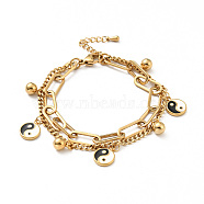 Resin Yin Yang and Round Ball Charm Multi-strand Bracelet, Vacuum Plating 304 Stainless Steel Double Layered Chains Bracelet for Women, Golden, 7-1/2 inch(19cm)(BJEW-G639-31G)
