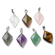 Natural Gemstone Pendants, with Platinum Tone Brass Findings, Rhombus Charm, 28~29x17~18x5.5~6mm, Hole: 4x7mm(G-C066-03)