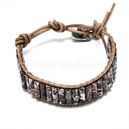 Cowhide Leather Cord Bracelets, with Column Natural Leopard Skin Jasper Beads and Alloy Findings, 9~11 inch(23~28cm)(BJEW-R309-01B-12)