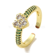 Rack Plating Brass Micro Pave Cubic Zirconia Cuff Rings, Long-Lasting Plated, Lead Free & Cadmium Free, Heart, Sea Green, adjustable(RJEW-H228-04G-02)