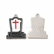 Halloween Theme Rack Plating Spray Painted Alloy Enamel Pendants, Tomb with Cross Charms, Cadmium Free & Nickel Free & Lead Free, Platinum, White, 25x19x3mm, Hole: 1.6mm(FIND-G054-13P-01)