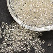 12/0 Transparent Glass Round Seed Beads, Grade A, Silver Lined, Clear, 1.8~2.0mm, Hole: 0.8mm, about 28000pcs/pound(SEED-J010-F12-21)