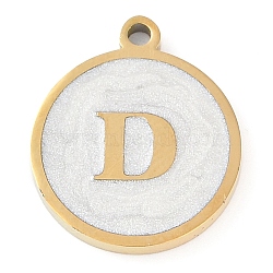 Ion Plating(IP) 201 Stainless Steel Pendants, with White Enamel, Real 18K Gold Plated, Flat Round with Letter, Letter D, 18.5x15.5x2mm, Hole: 1.6mm(STAS-K288-02G-D)