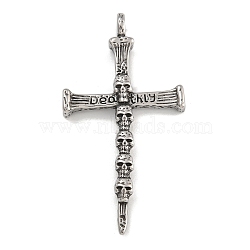 304 Stainless Steel Big Pendants, Halloween Cross Skull Deathly Charm, Antique Silver, 78x41x7.5mm, Hole: 7mm(STAS-D110-06AS)