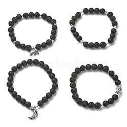 4Pcs 4 Style Natural Lava Rock & Black Agate & Hematite Beaded Stretch Bracelets Set, Elephant & Moon & Buddhist Alloy Bracelets, Inner Diameter: 2-1/8 inch(5.4cm), 1Pc/style(BJEW-JB09508)