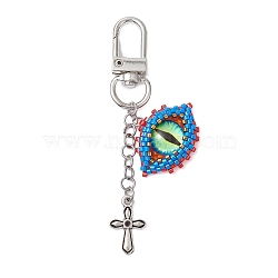 Evil Eye Glass Seed Loom & Cross Alloy Pendant Decoration, Swivel Lobster Claw Clasps for Bag Ornaments, Platinum, 81mm(HJEW-MZ00082)