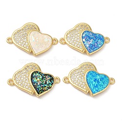 Rack Plating Brass Micro Pave Clear Cubic Zirconia Connector Charms, Double Heart Links with Synthetic Opal, Real 18K Gold Plated, Cadmium Free & Lead Free, Long-Lasting Plated, Mixed Color, 15.5x23x2mm, Hole: 1.2mm(KK-P268-20G)