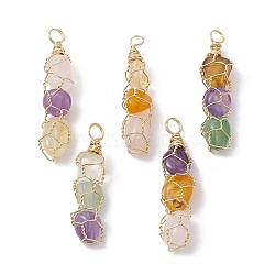 5Pcs Natural Mixed Gemstone Copper Wire Wrapped Pendants, Nuggets Charms, Real 18K Gold Plated, 35~41x9~10x8~8.5mm, Hole: 3.5~3.8mm(PALLOY-JF02495)