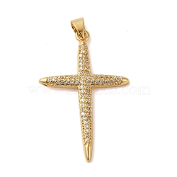 Rack Plating Brass & Clear Cubic Zirconia Pendants, Cadmium Free & Lead Free, Long-Lasting Plated, Corss, Real 18K Gold Plated, 35.5x23.5x2.6mm, Hole: 4x3.2mm(KK-S372-24G)