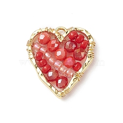 Japanese Seed & Glass Beaded Pendant, with Real 18K Gold Plated Alloy Findings, Heart, Red, 22.5x21x4mm, Hole: 1.5mm(PALLOY-TA00017-01)