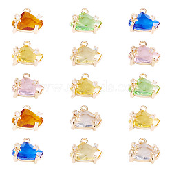 15Pcs Brass Micro Pave Cubic Zirconia with Glass Charms, Nuggets, Light Gold, Mixed Color, 9x10.5x7mm, Hole: 1.2mm, 15pcs/set(KK-TA0001-82)