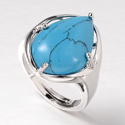 Teardrop Platinum Tone Brass Gemstone Adjustable Wide Band Rings, Synthetic Turquoise, 18mm, Tray: 20x17mm(RJEW-L062-02G)